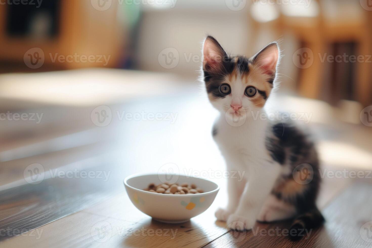 Cute fluffy calico kitten is sitting on the floor near the bowl of dry kibble cat food photo