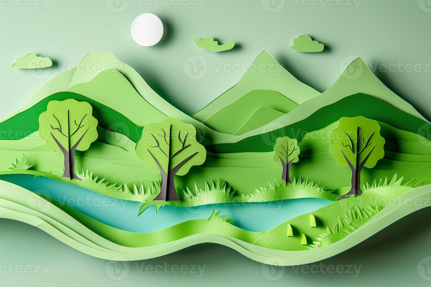 Close up of a paper cut out of a mountain surrounded by trees photo