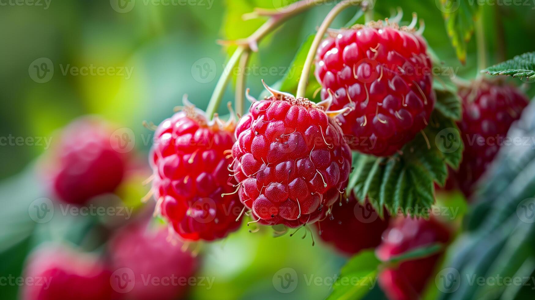 Many ripe raspberries hanging from branches in the garden photo