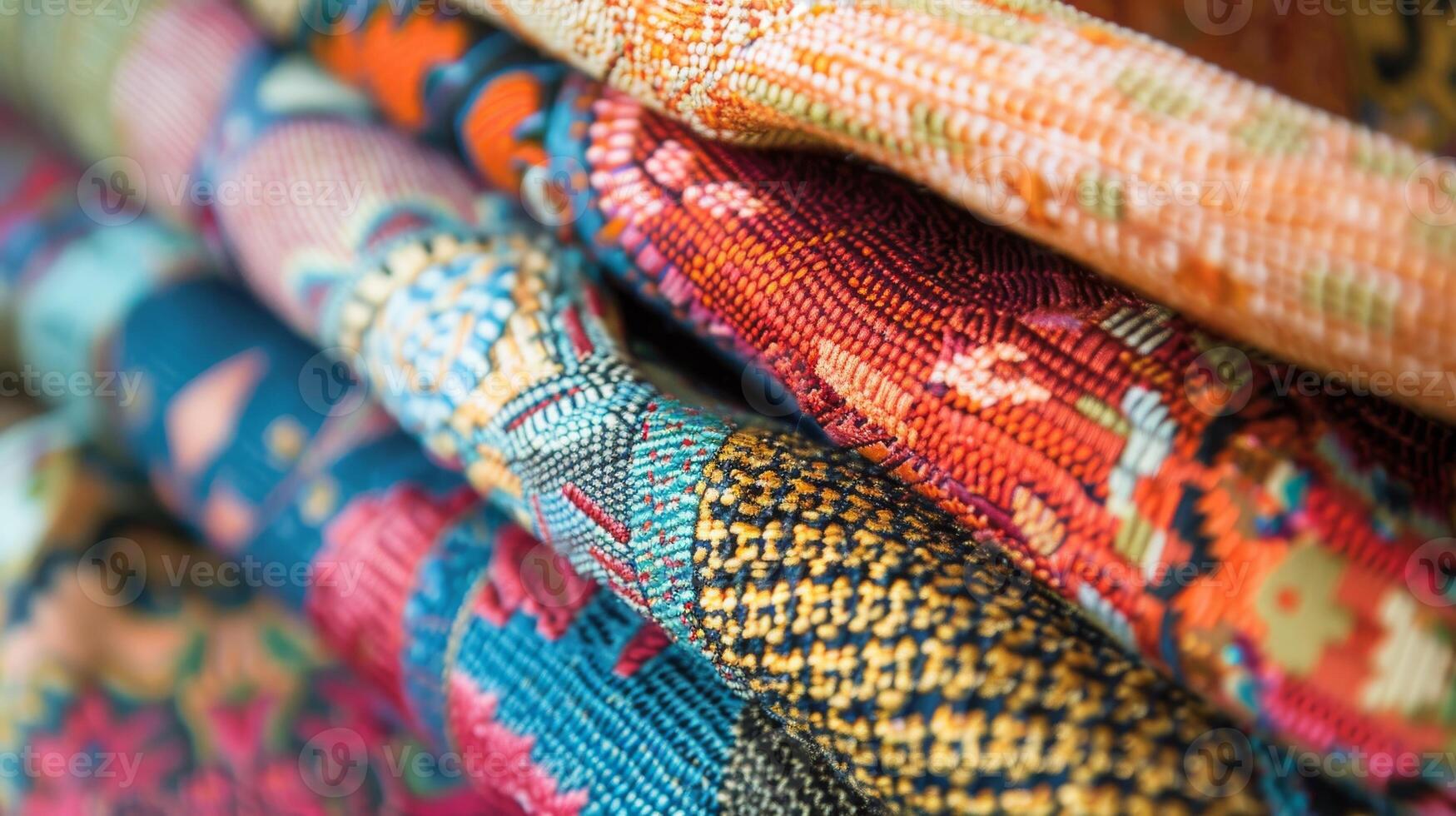 Colorful Assorted Textiles with Intricate Patterns and Vibrant Colors photo