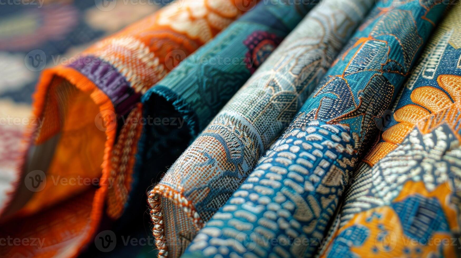 Colorful Rolled Fabric with Intricate Patterns and Textures photo