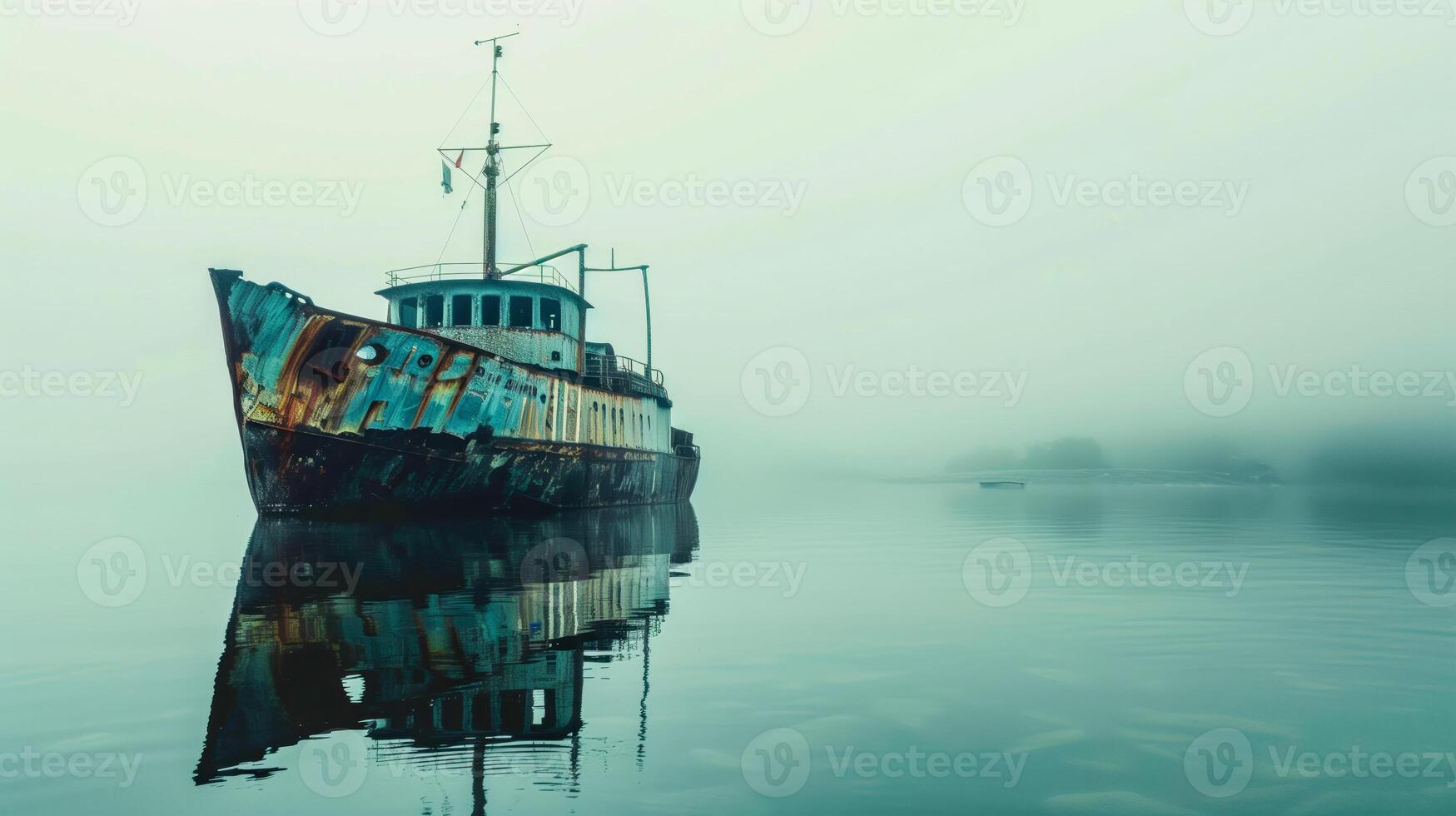 A boat floating on calm water during a misty day photo