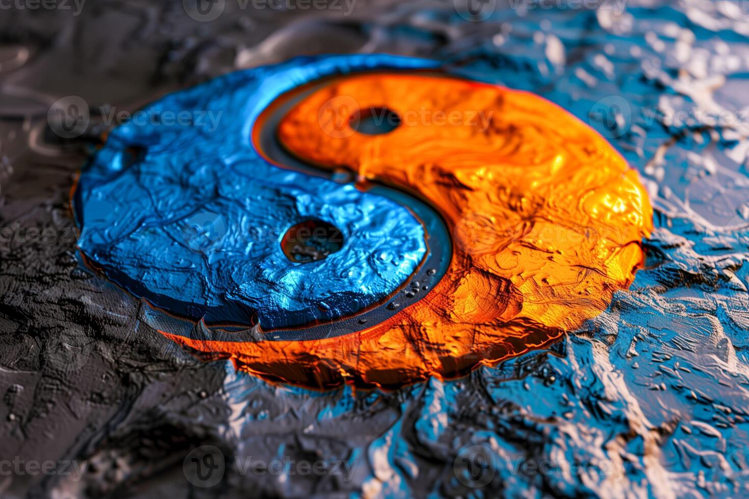 A close up of a blue and orange yin sign on a piece of foil photo
