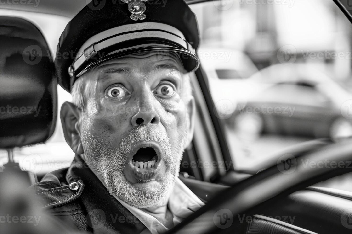 Man in a hat driving a car with a surprised look on his face photo