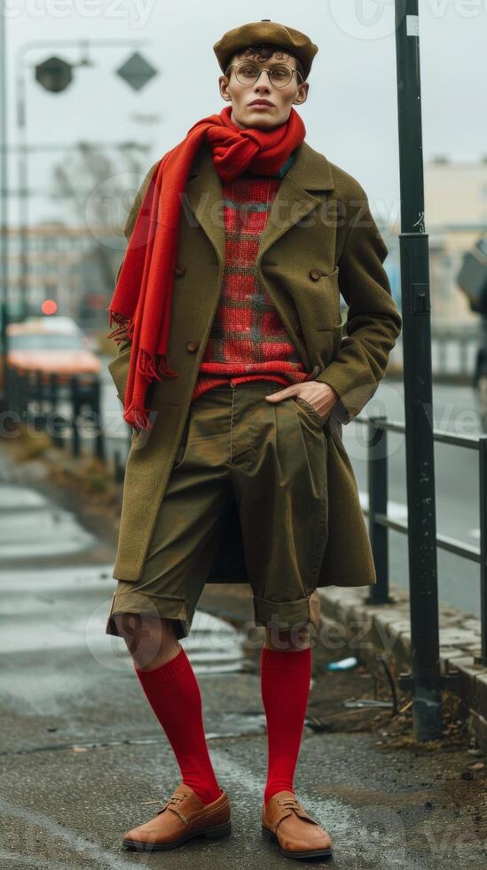 Stylish Young Man Wearing Red Scarf and Beret in Urban Setting photo