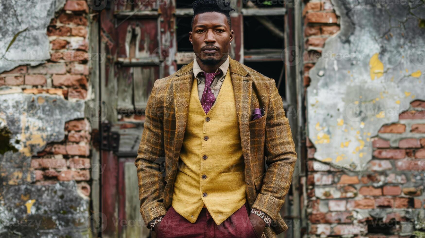 Stylish Man in Vintage Suit Standing in Front of a Rustic Building photo