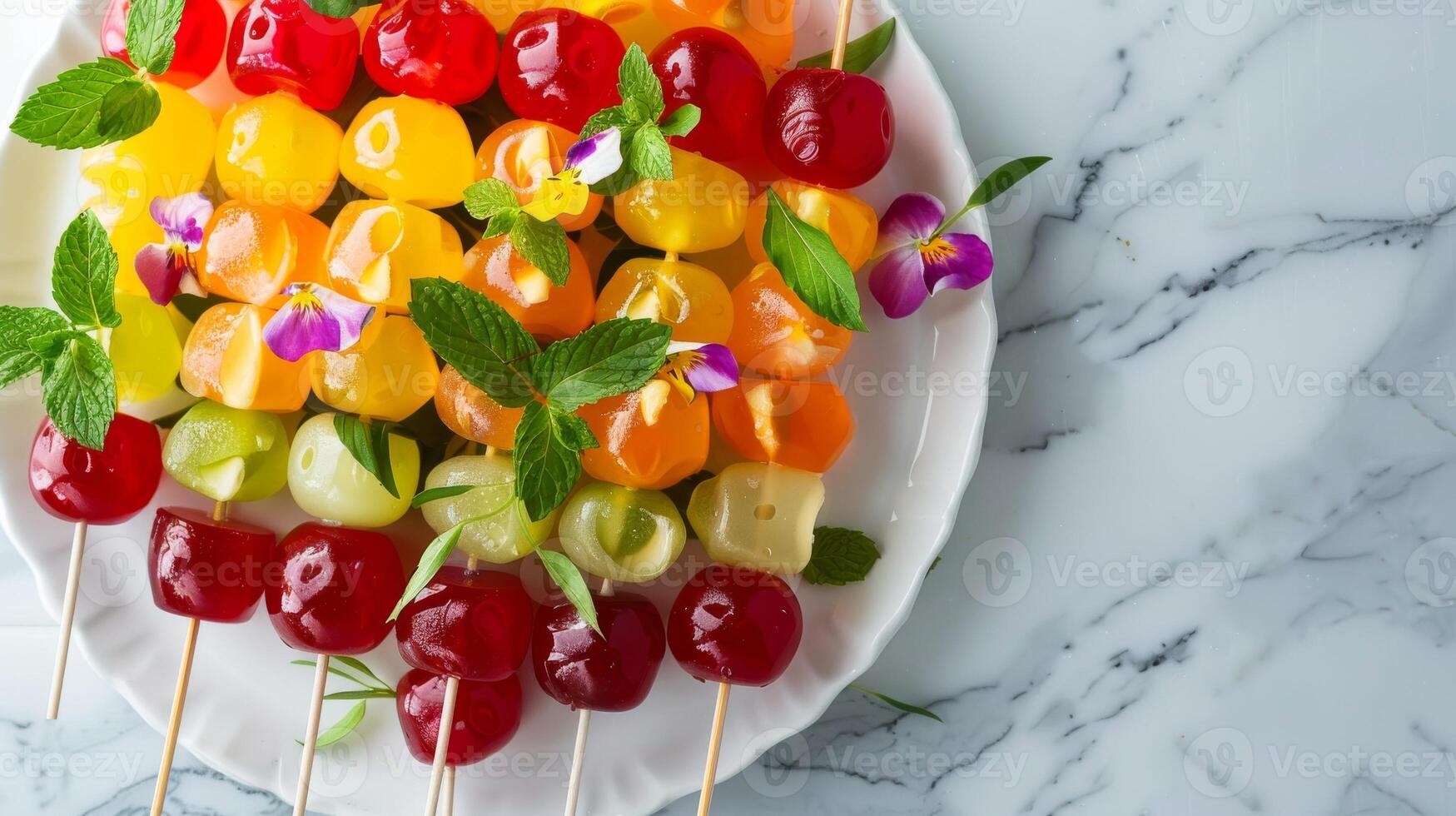 Colorful Fruit Skewers with Edible Flowers on Marble Background photo