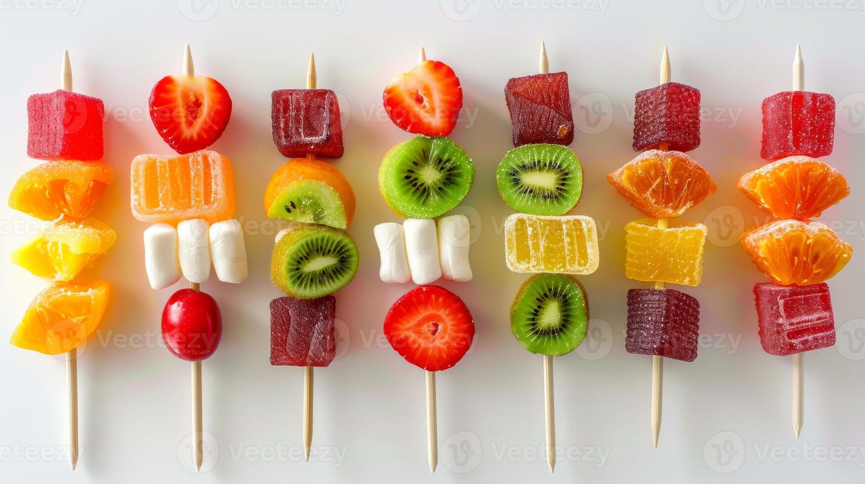 Colorful Assortment of Fruit and Candy Skewers on White Background photo