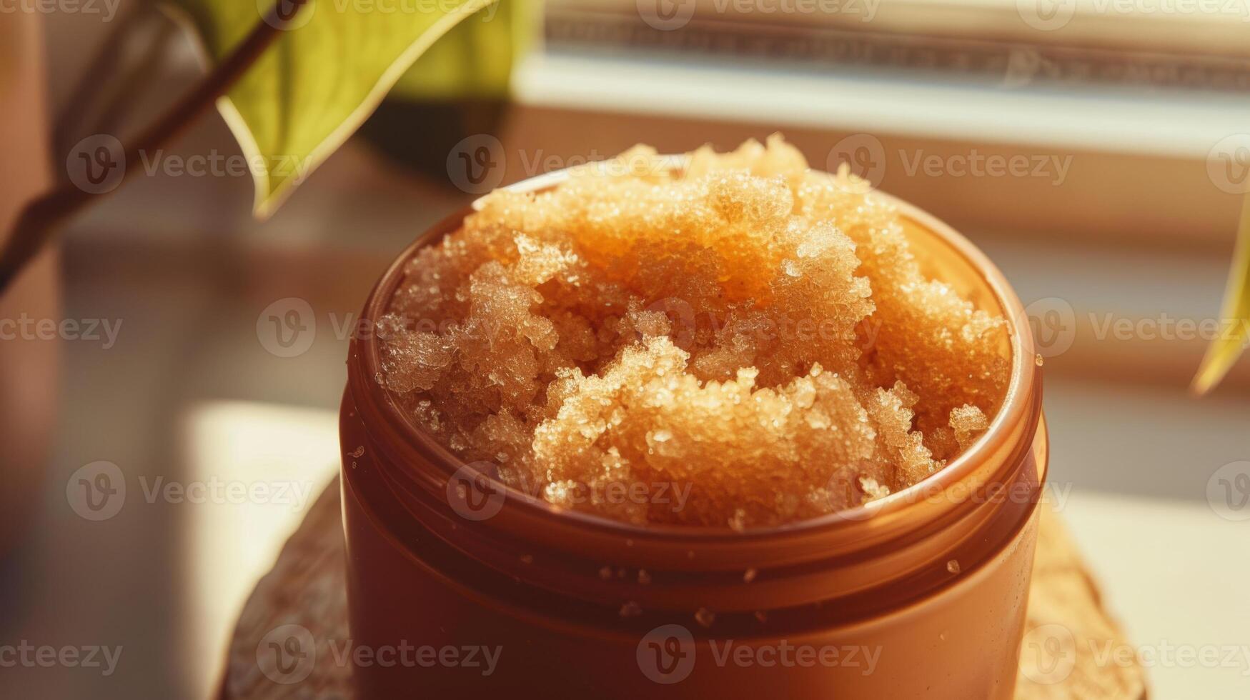 Golden Homemade Sugar Scrub in Small Jar Bathed in Sunlight photo