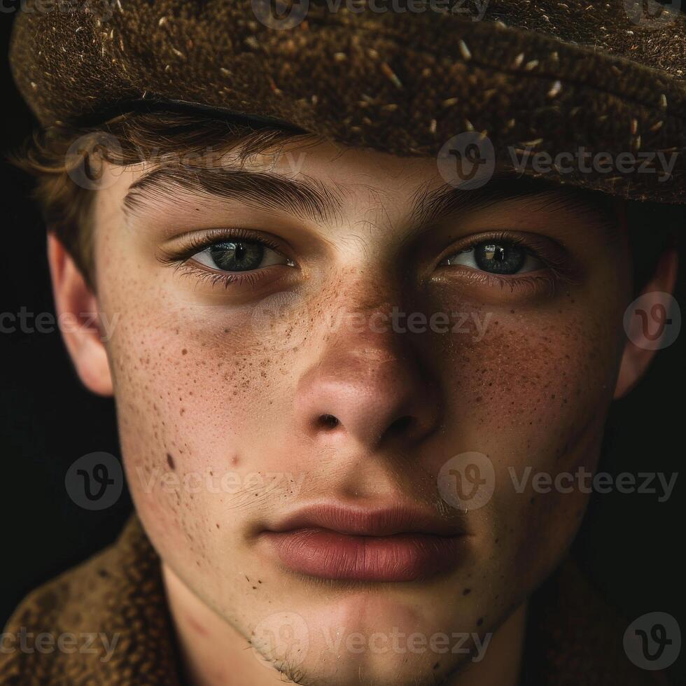 Young Man with Freckles Wearing Tweed Cap photo