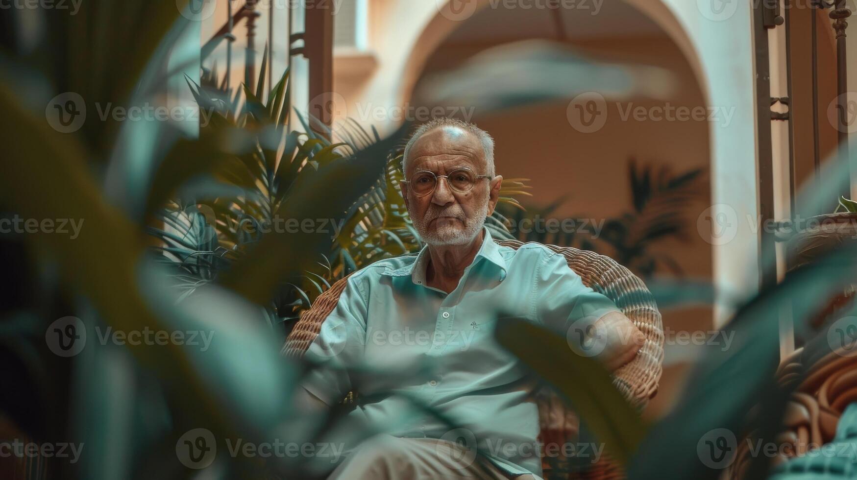 Elderly Man Relaxing Amongst Indoor Plants photo