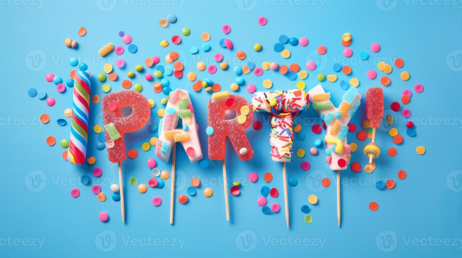 Colorful Party Letters on Blue Background with Confetti and Candy photo