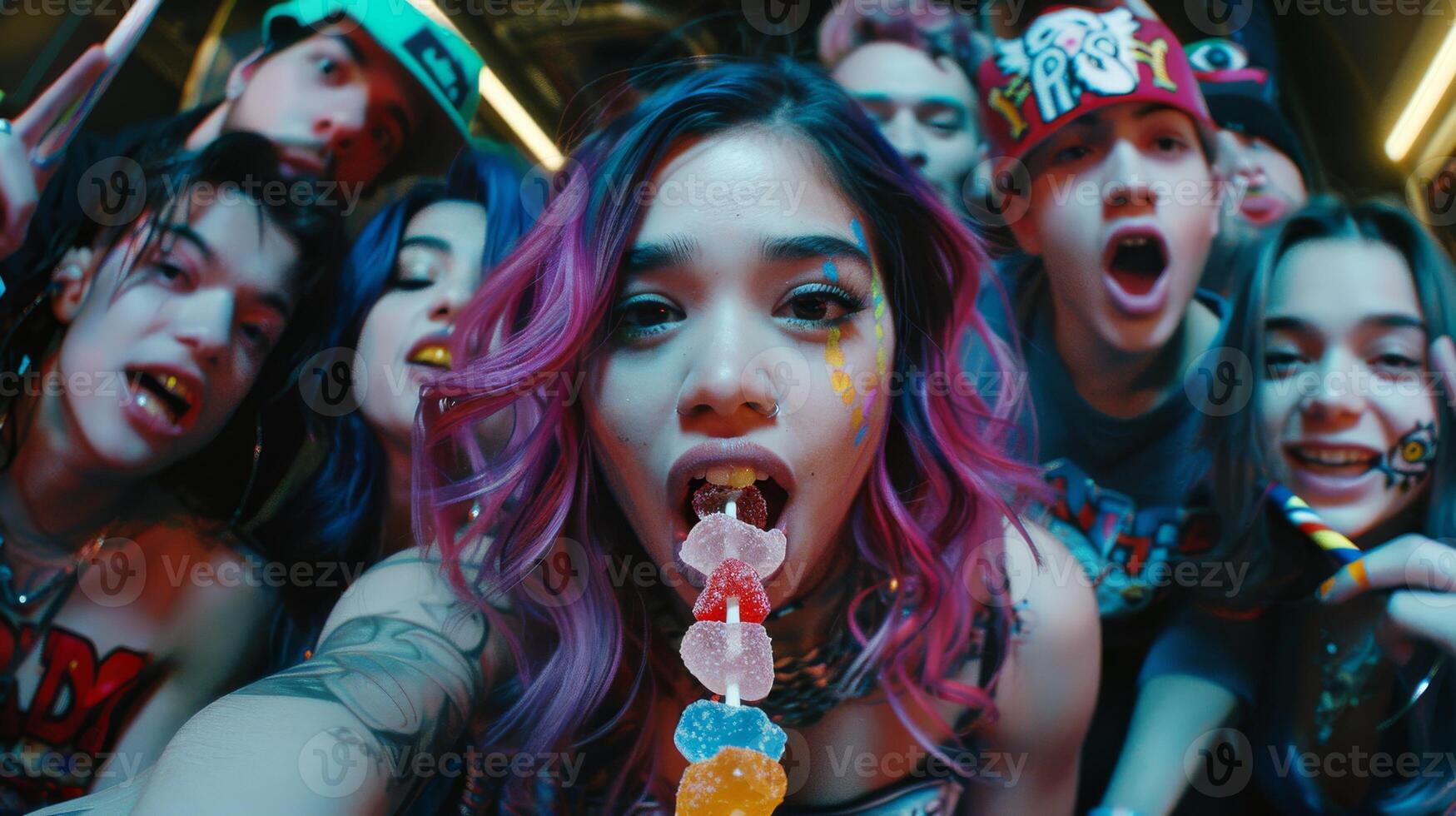 Vibrant Youth Party Scene with Colorful Hairstyles and Playful Poses photo