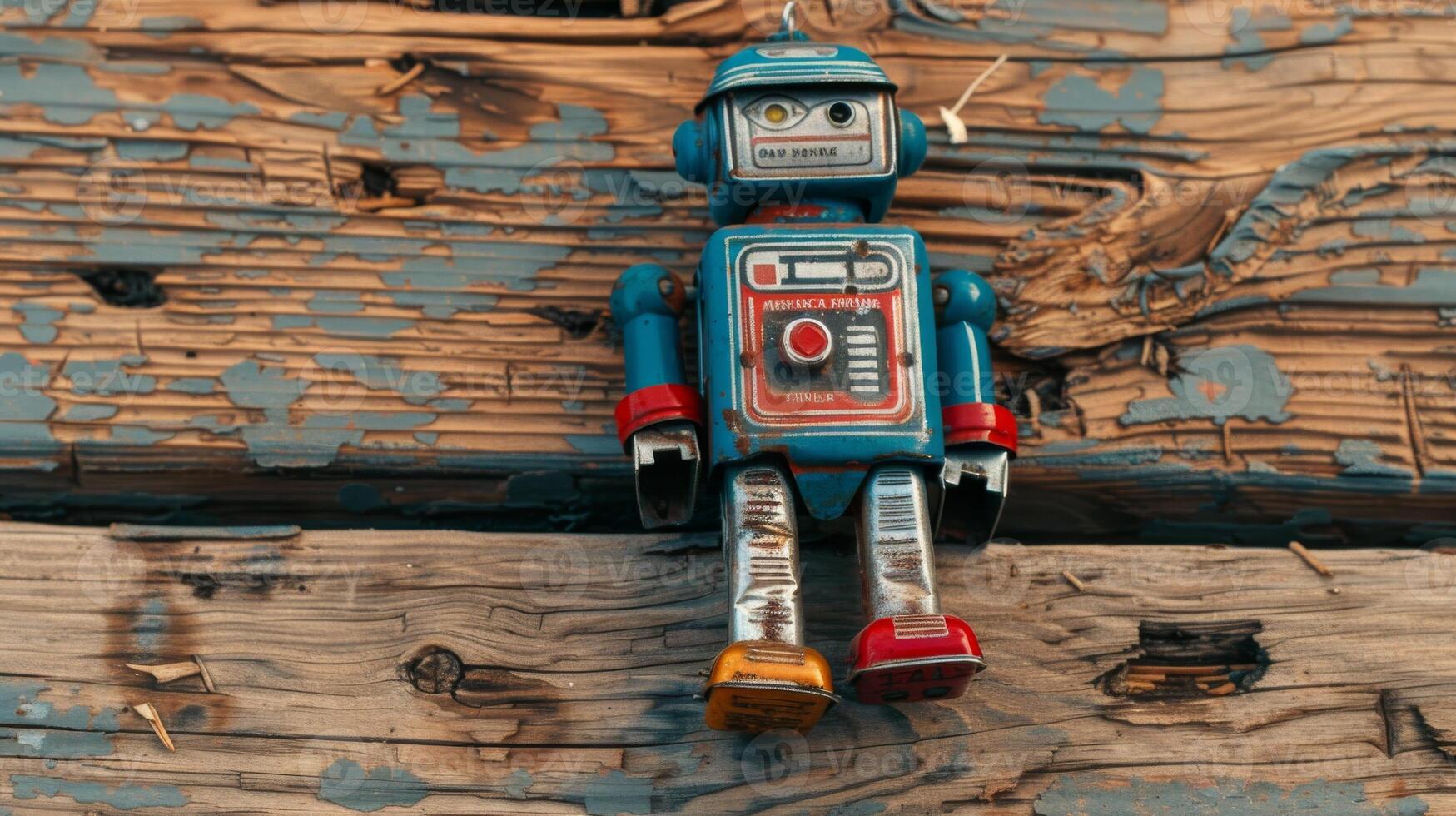 Vintage Robot Toy Lying on Wooden Background. Rustic Retro Nostalgic Childhood photo