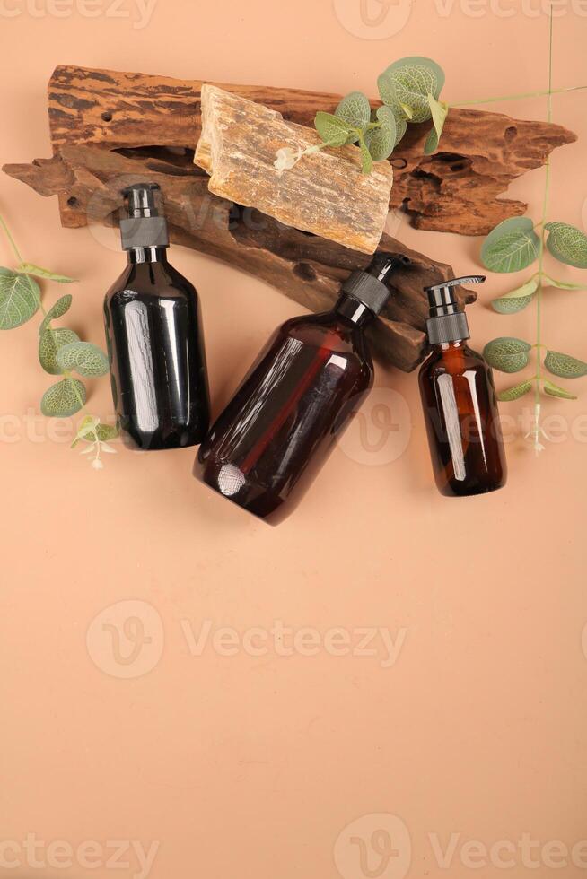 Amber and Black Pump Bottles with Driftwood, Greenery, and Autumn Leaves on Beige Background photo