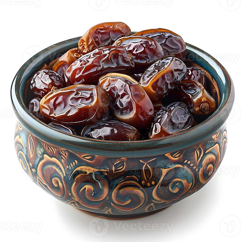 Bowl of pitted dates isolated on white background, top view photo