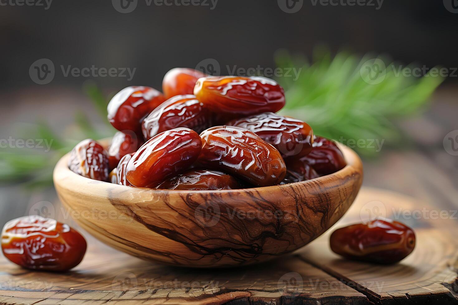 Dates in a wooden bowl isolated on wooden table photo