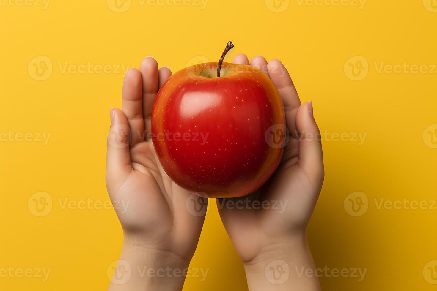 Female hands hold a red apple on a yellow background. The concept of healthy eating photo