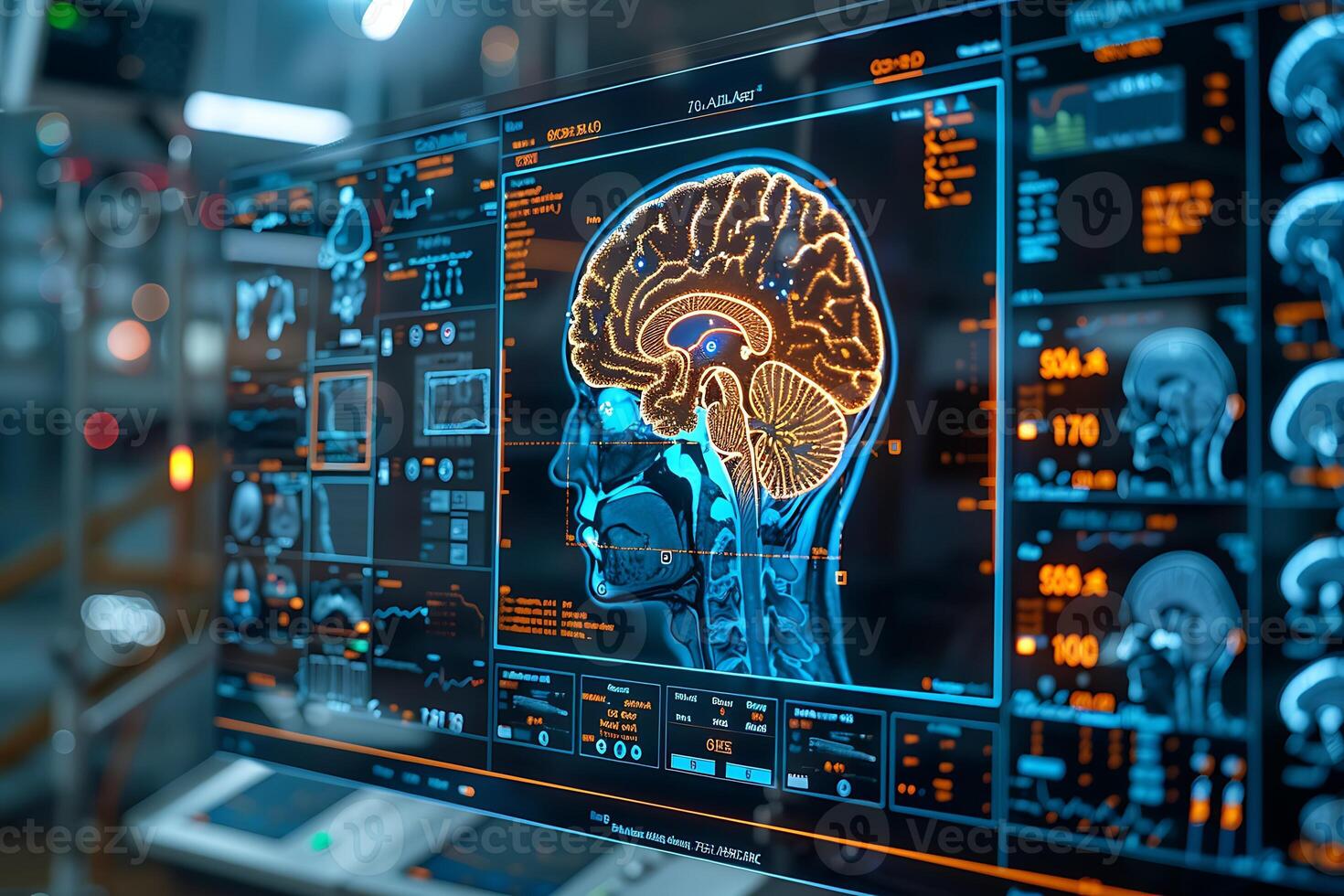 The human brain in front of the monitor in the laboratory. 3d rendering photo