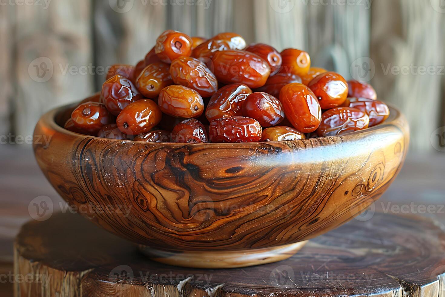 Dried date and green mint in a bowl on old wooden table close up. photo