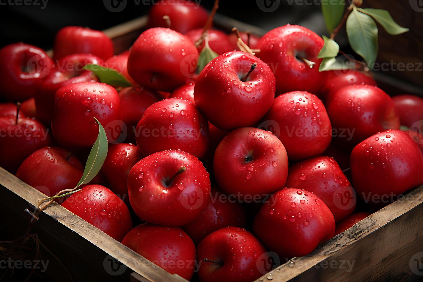 Wooden box with fresh red apples on wooden background, top view photo