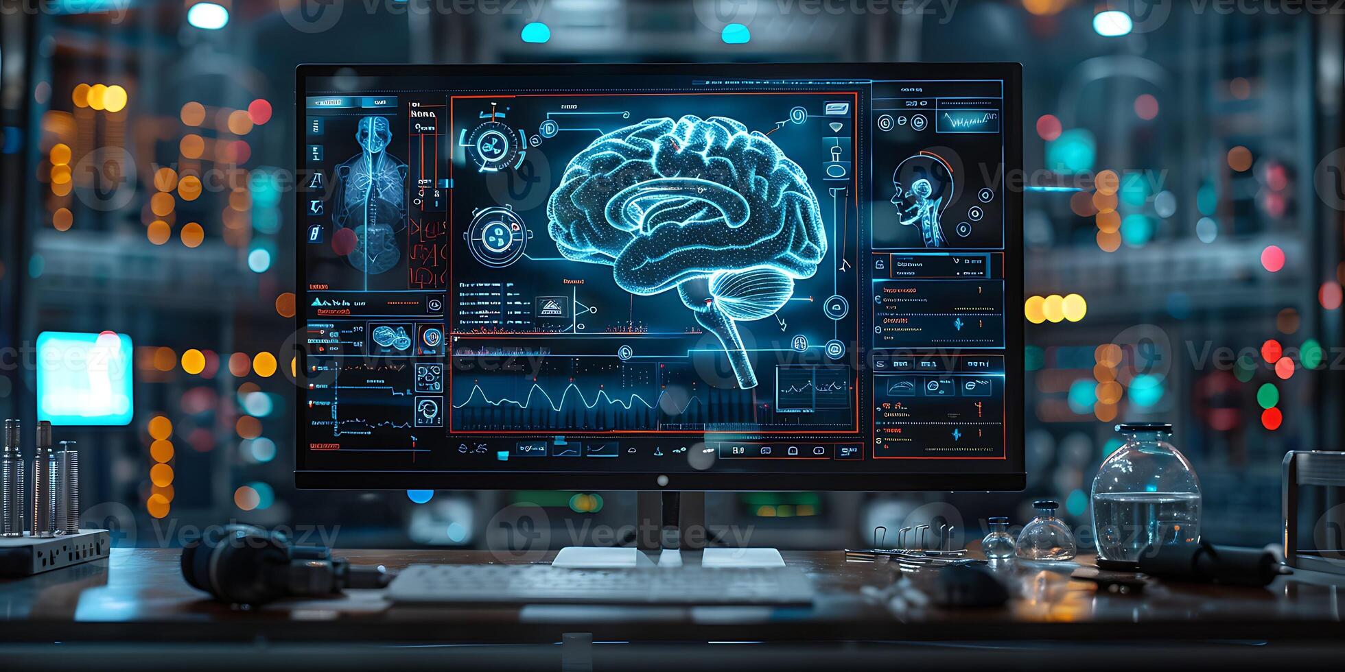 The human brain in front of the monitor in the laboratory. 3d rendering photo