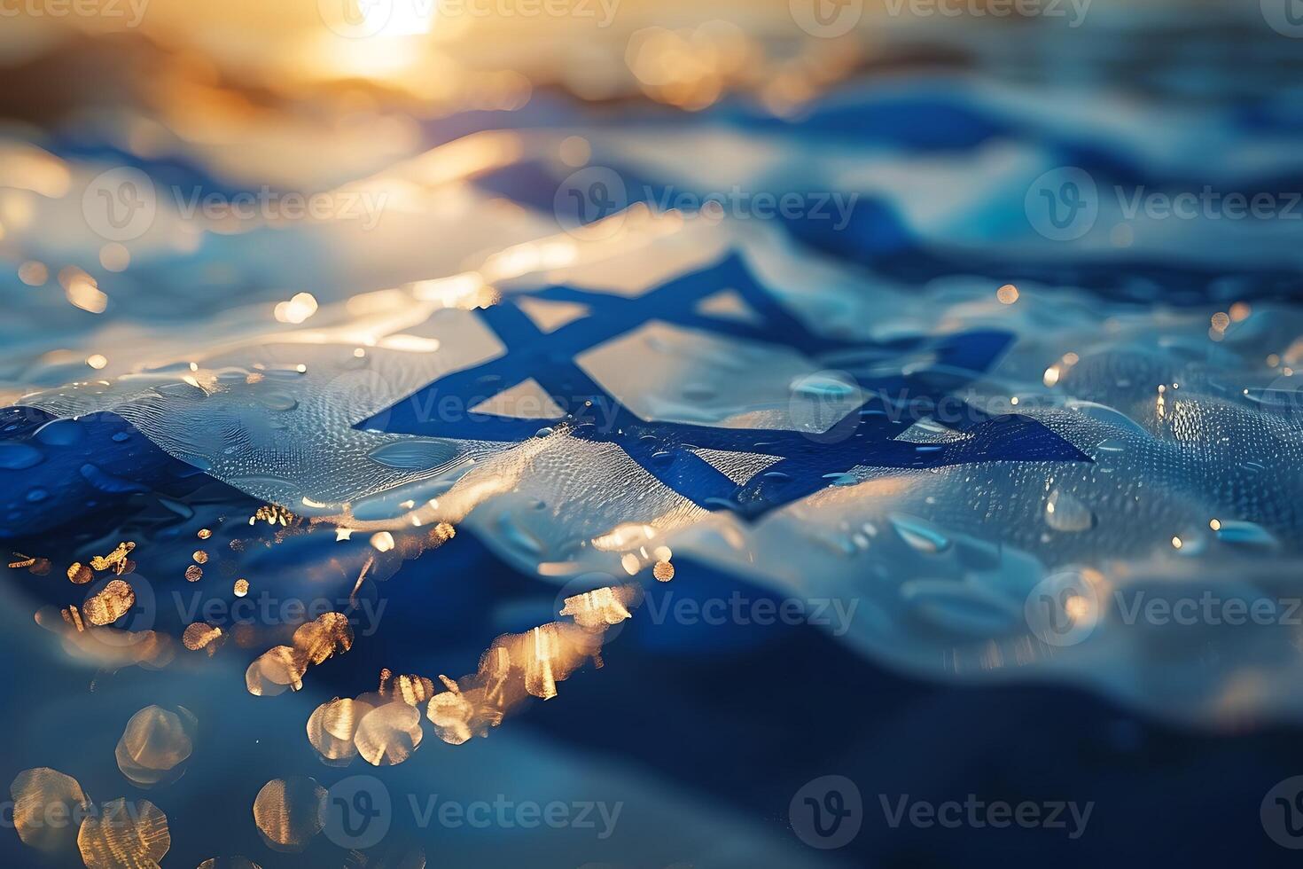 Flag of Israel on the background of water drops. The concept of the Jewish holiday of Shabbat. photo