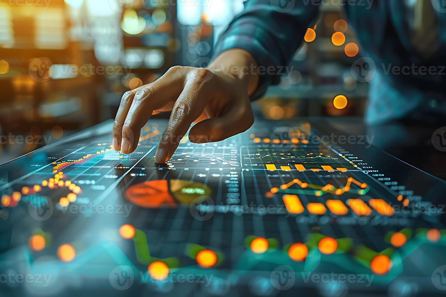 Close up of businesswoman hand working with virtual panel interface. Mixed media photo