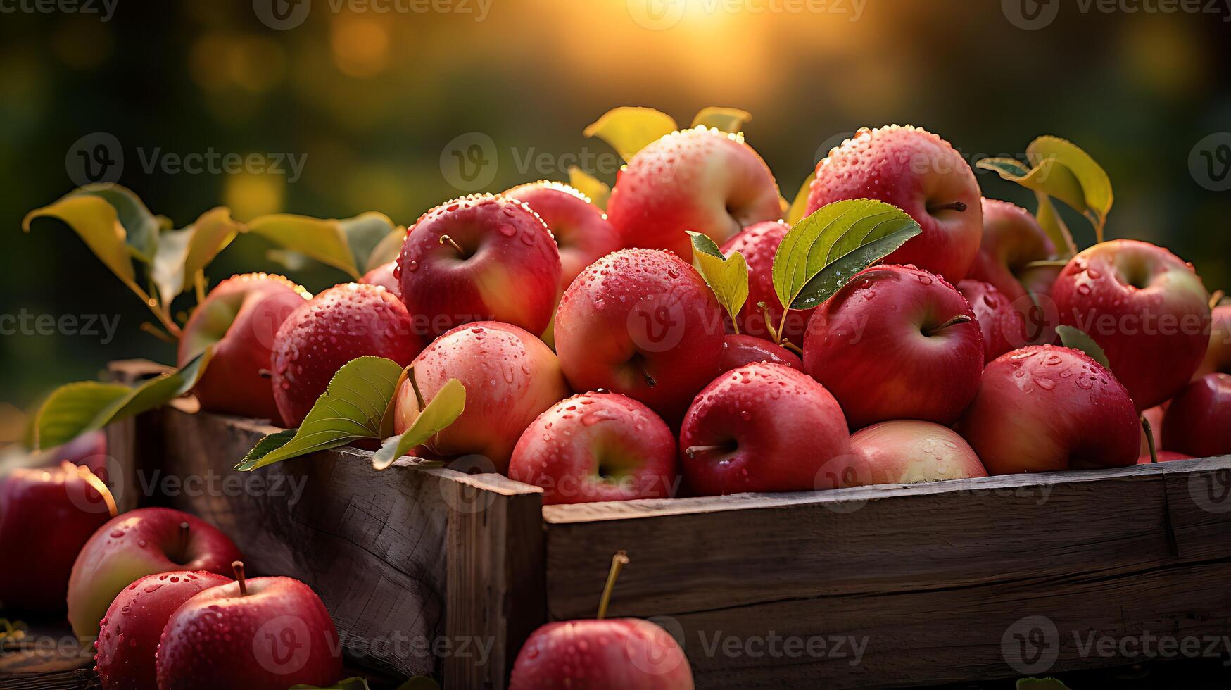 Fresh red apples in a wooden box on a table in the garden photo