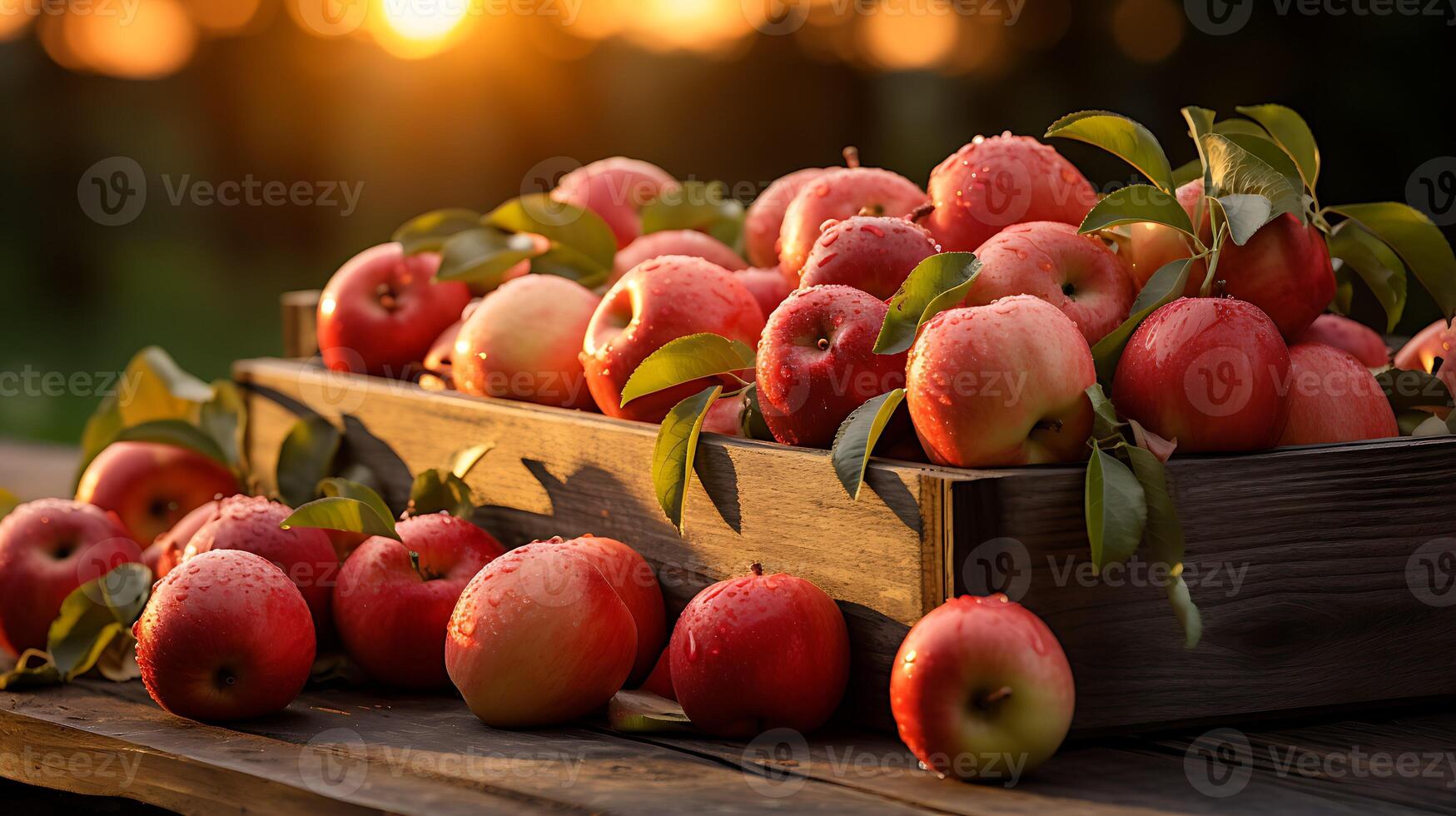 Fresh red apples in a wooden box on a table in the garden. Pile of ripe apples photo