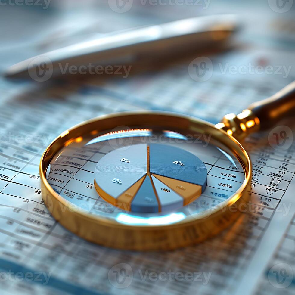 3d illustration of a business chart with magnifying glass and calculator photo