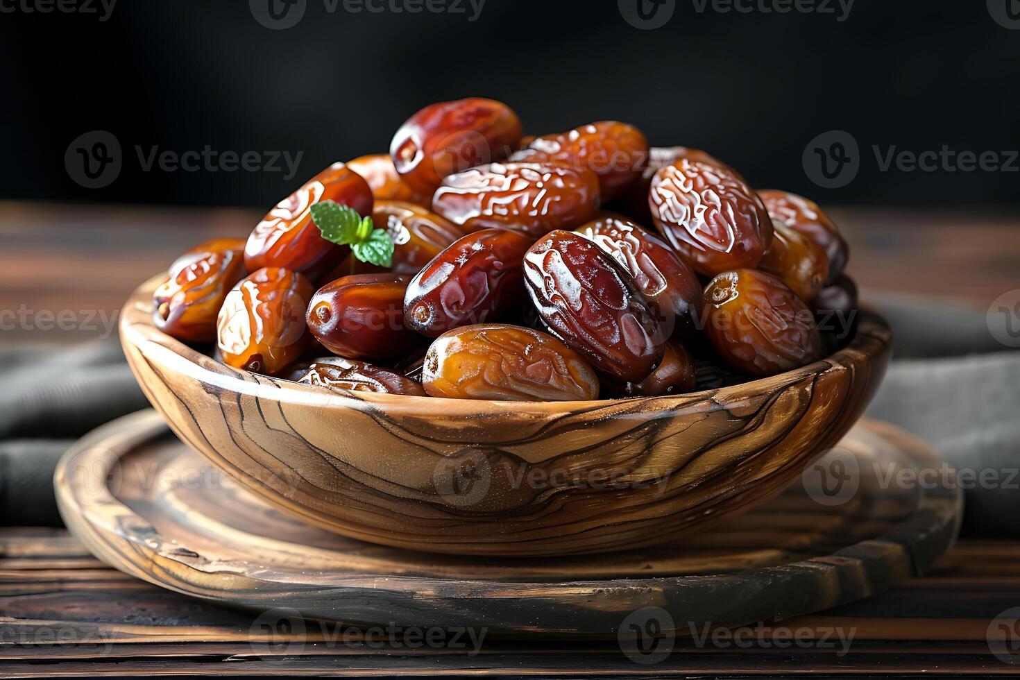 Dried date and green mint in a bowl on old wooden table close up. photo