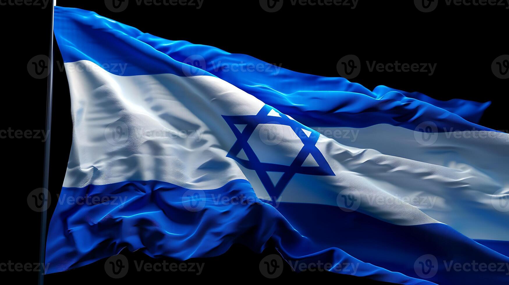 3D Israel flag waving in the wind isolated on black background. photo