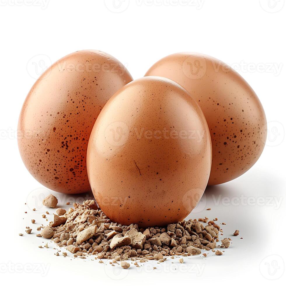 Brown eggs and crumbs isolated on white background. Clipping Path photo