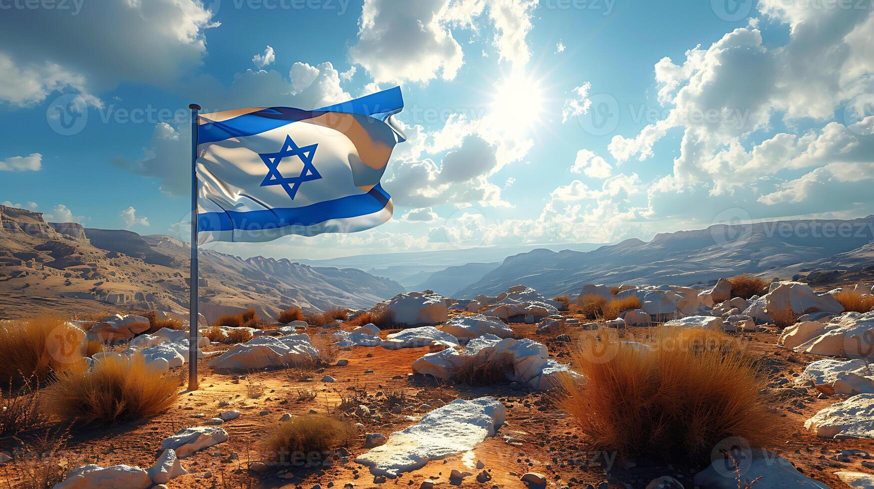 Israel flag waving in the wind against blue sky with clouds. 3d rendering photo