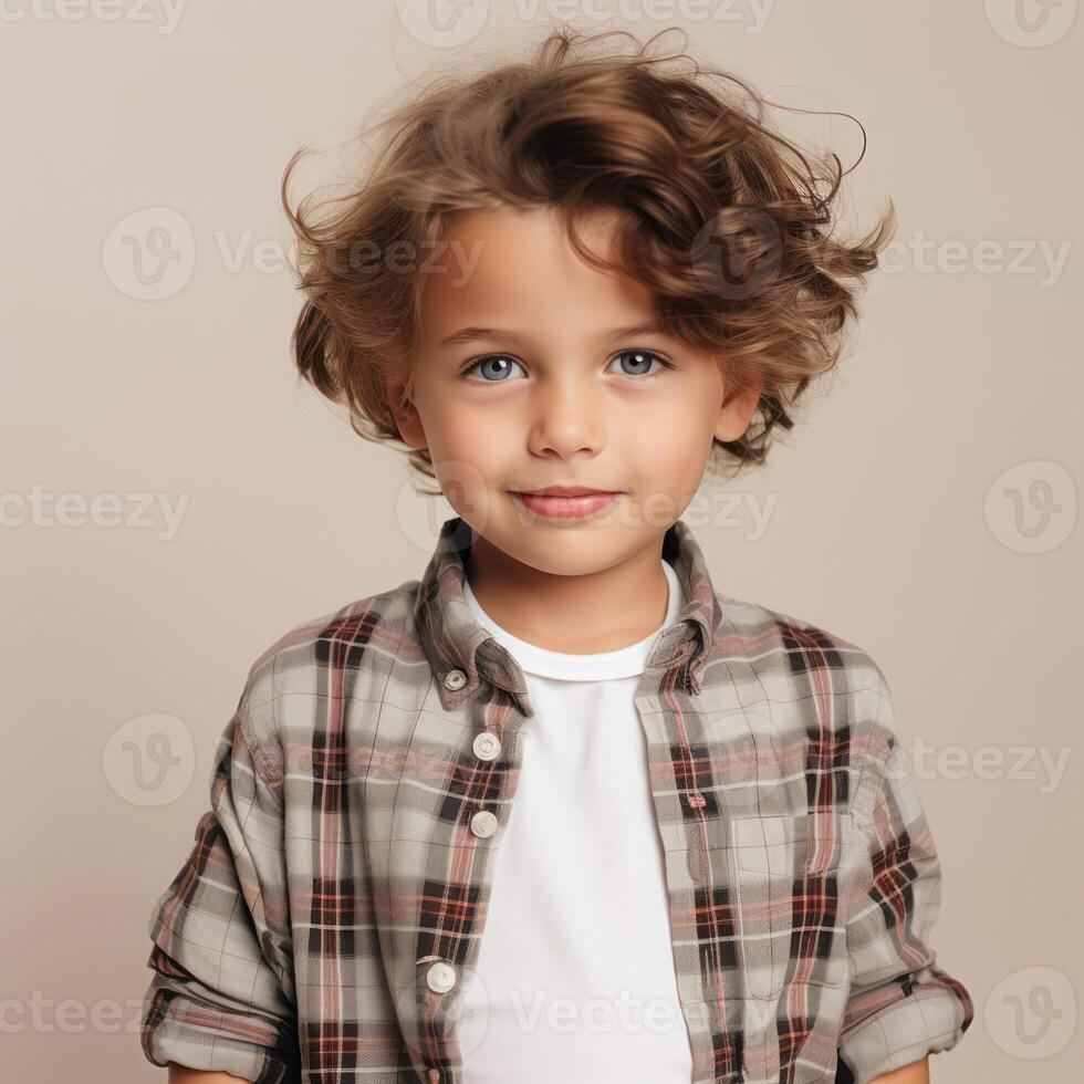 Innocent Caucasian Boy with Cute Expression, Standing Alone with Sadness, Wearing photo