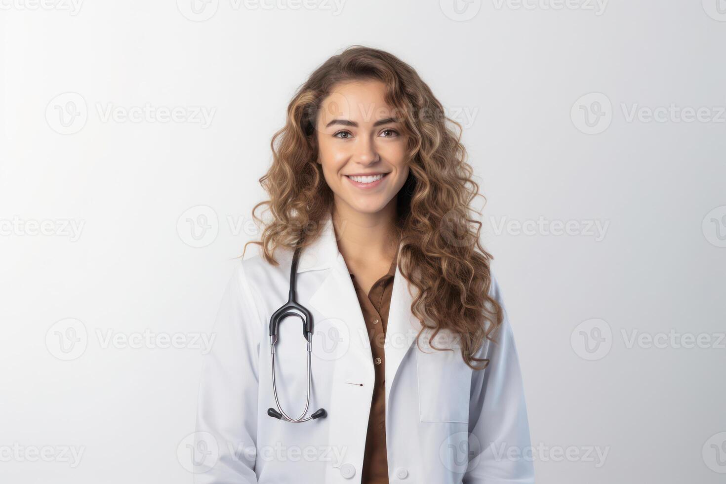 Young Female Doctor in White Coat Standing in Studio. Confident and Friendly Healthcare photo
