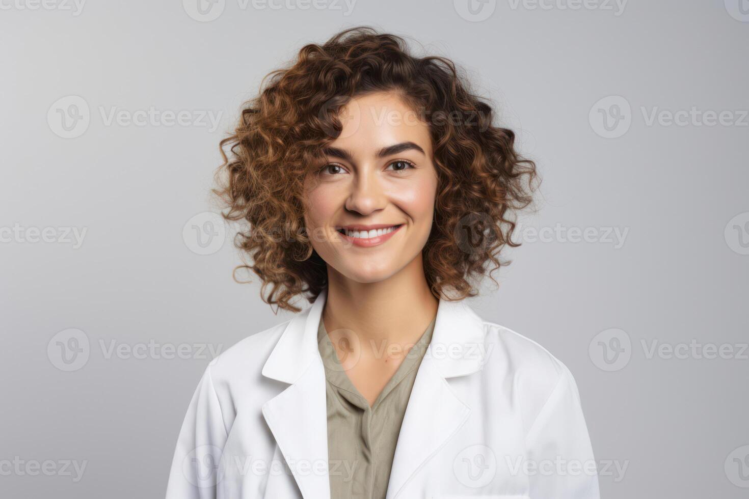 Confident Young Female Doctor in White Coat, Smiling Happily, Standing in a Studio with photo