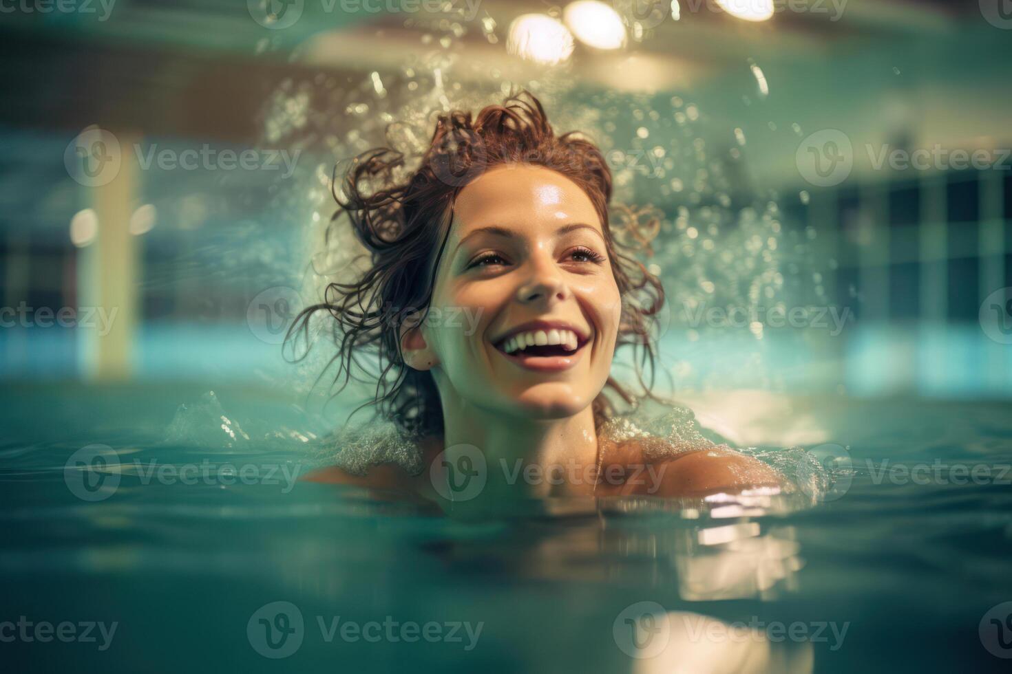 Smiling Woman Enjoying a Refreshing Pool Adventure in a Luxury Resort photo