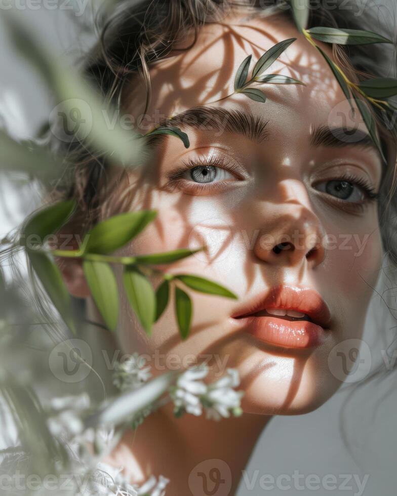 Green Summer Beauty. Attractive Woman with Curly Red Hair, Pure and Pretty, in a Garden photo