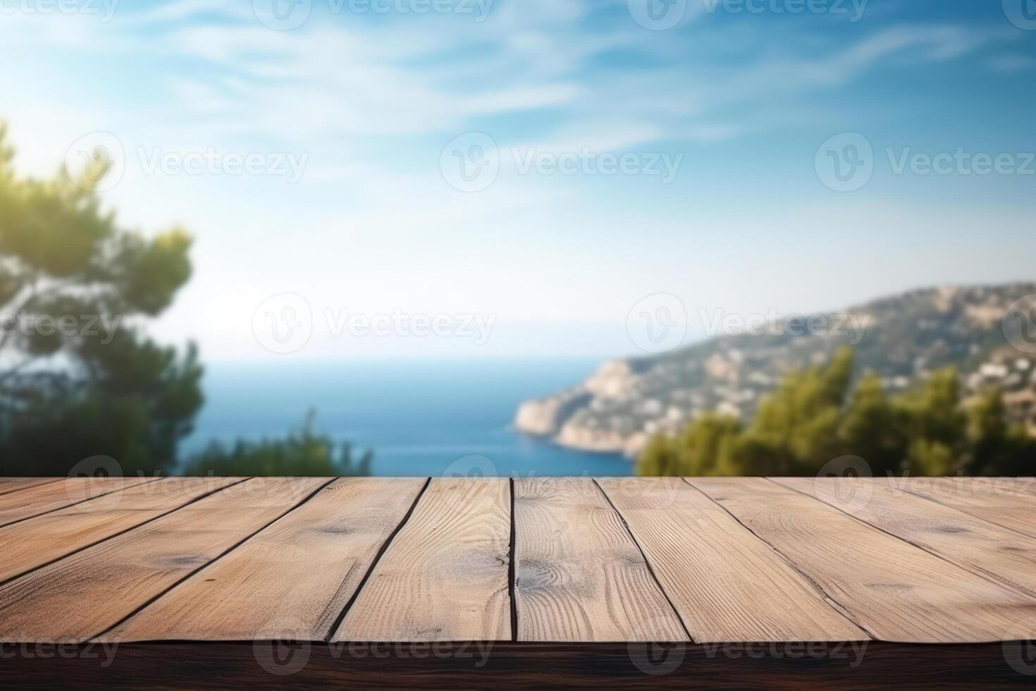 Summer Beach Getaway. Sunny Table Set against a Blue Ocean Background photo