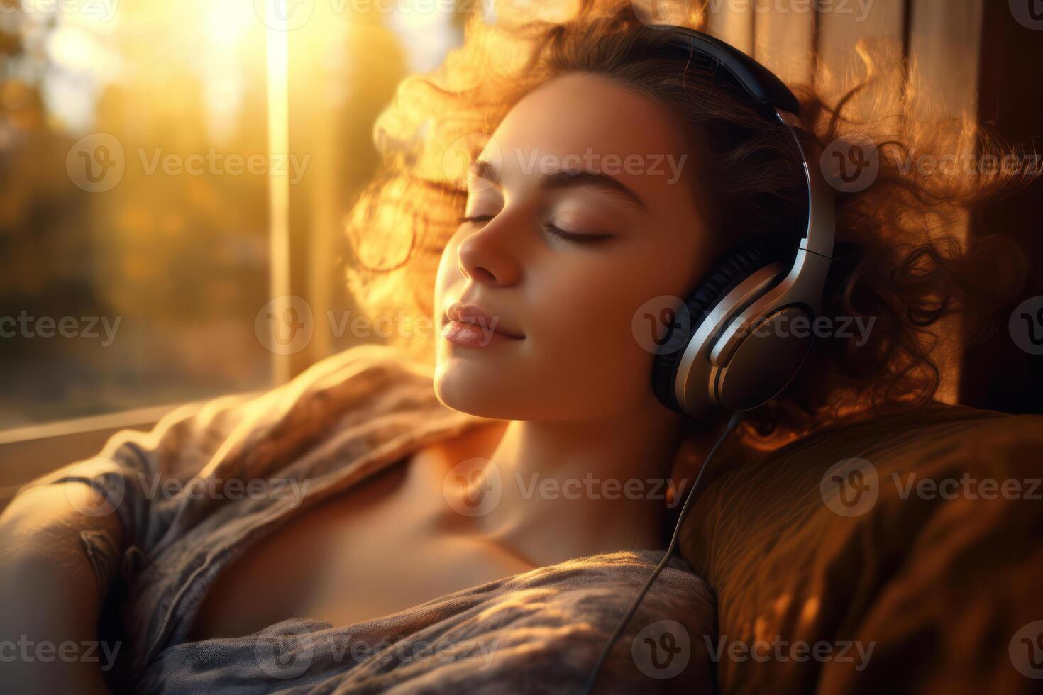 Joyful Melodies. Blissful Young Woman in Headphones Listening to Music at Home with a photo
