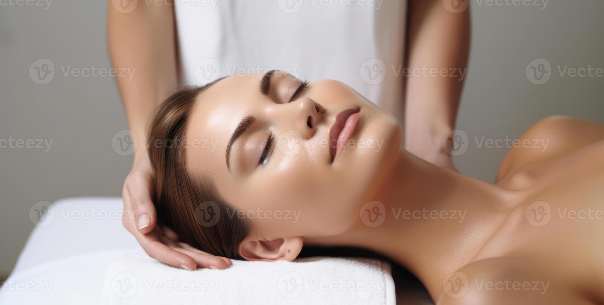 Blissful Relaxation. A Young Woman Enjoying a Calming Facial Treatment in a Serene Spa photo