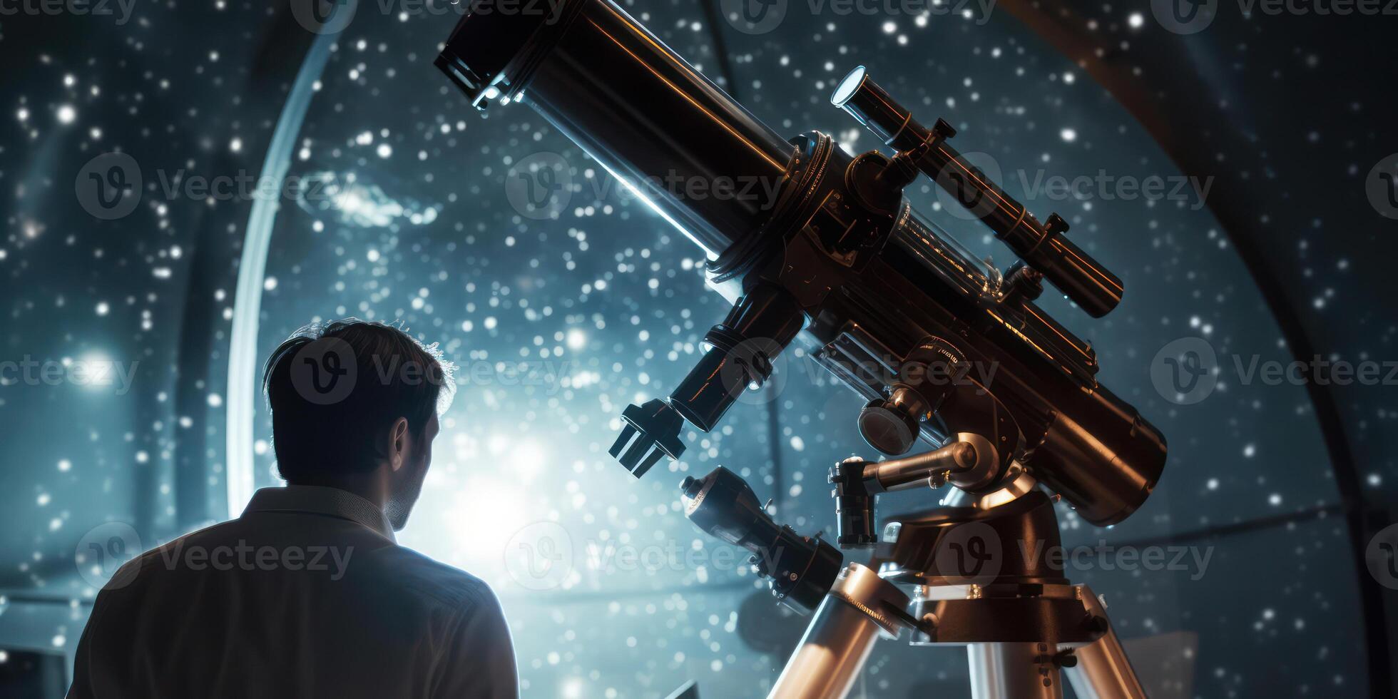 Starry Night. Man's Discovery of the Universe, Watching with Telescope, in Tranquil photo