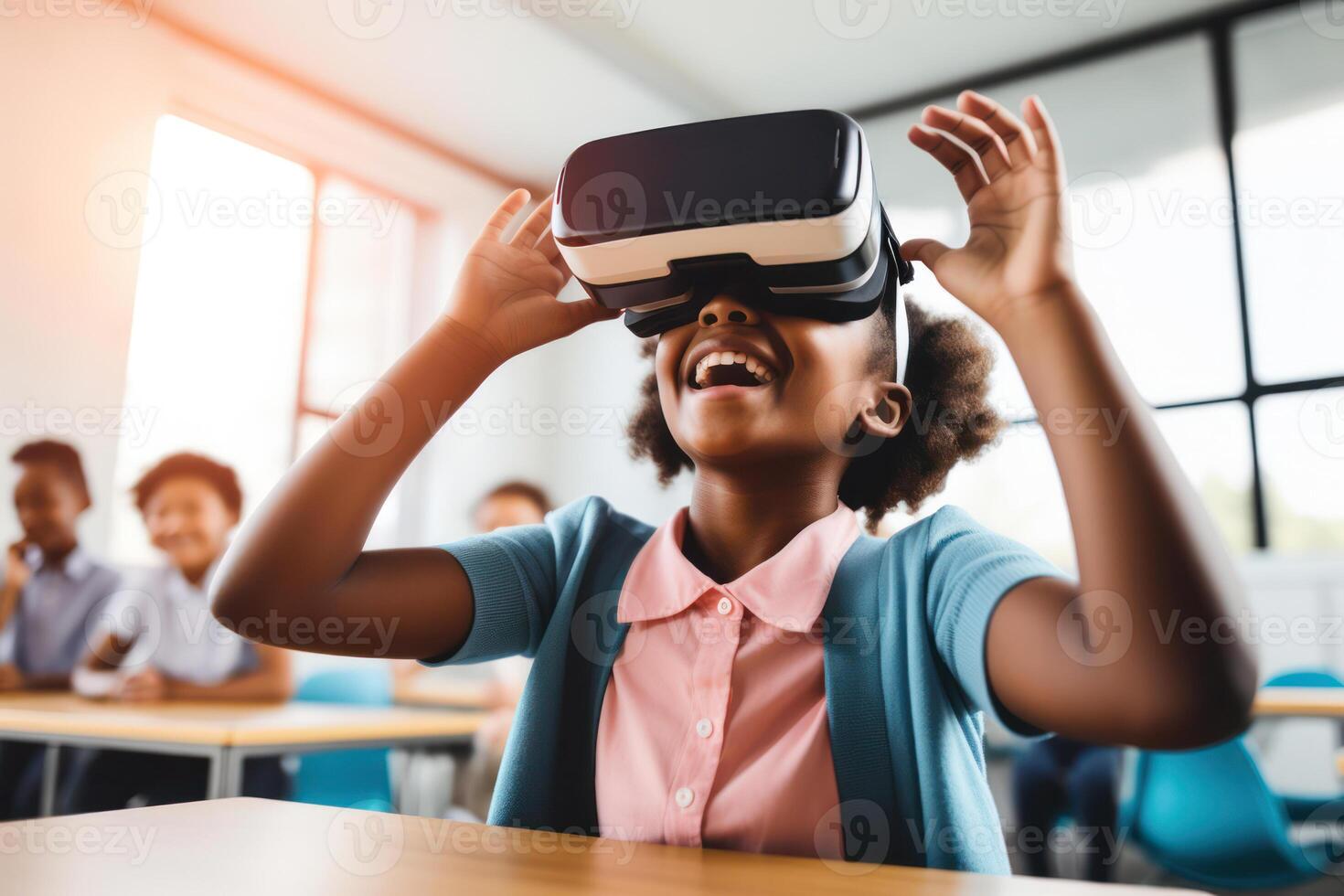 Smiling Young Students Learning Together in a Futuristic Classroom with Virtual Reality photo