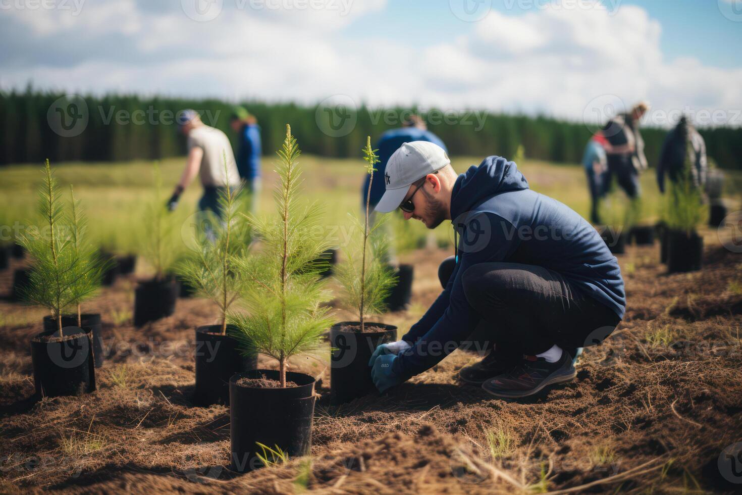 Green Growth. A Man's Careful Planting of Organic Tree in a Small Home Garden photo