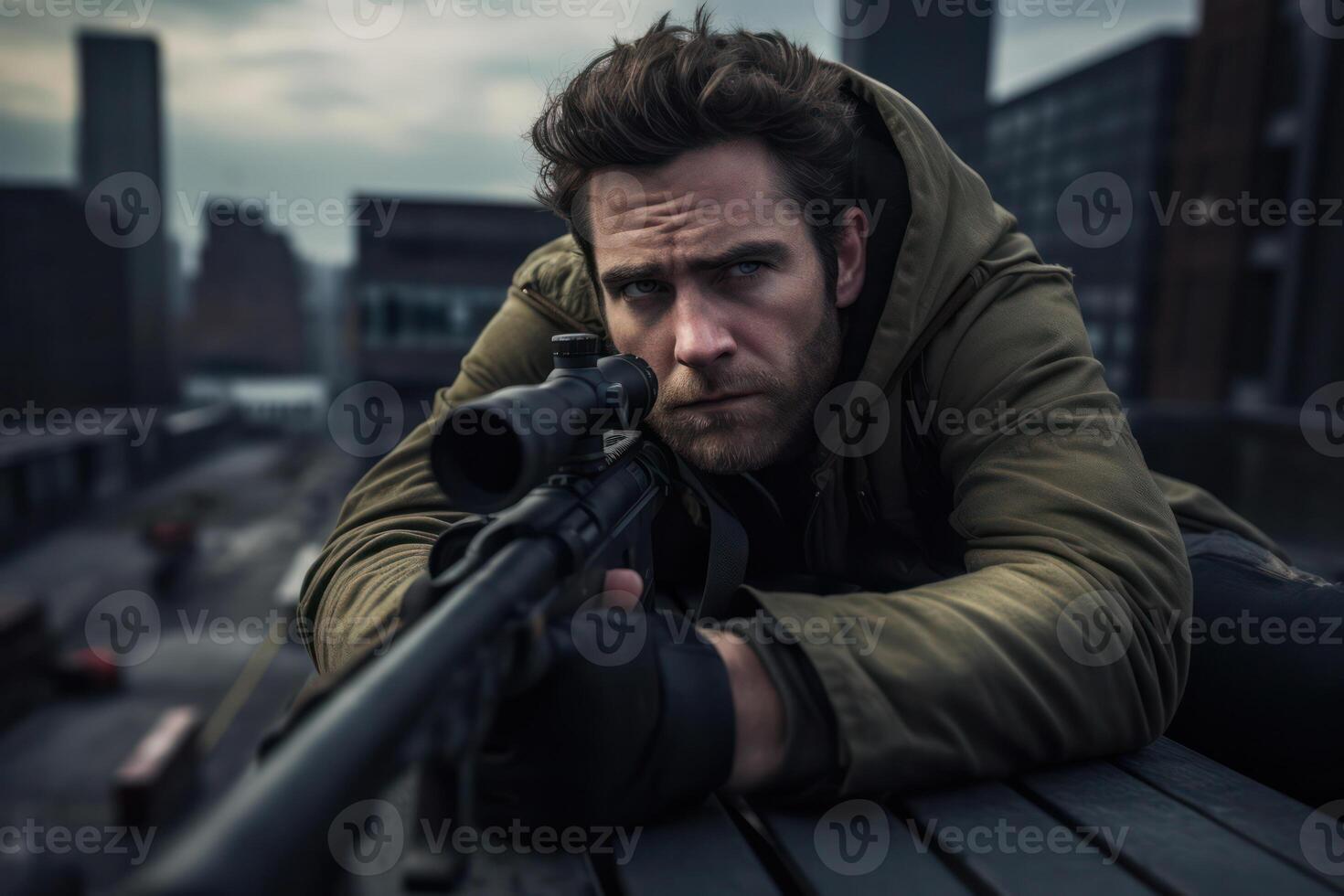 Handsome, serious man with a beard, one of a kind portrait on a real background in a photo
