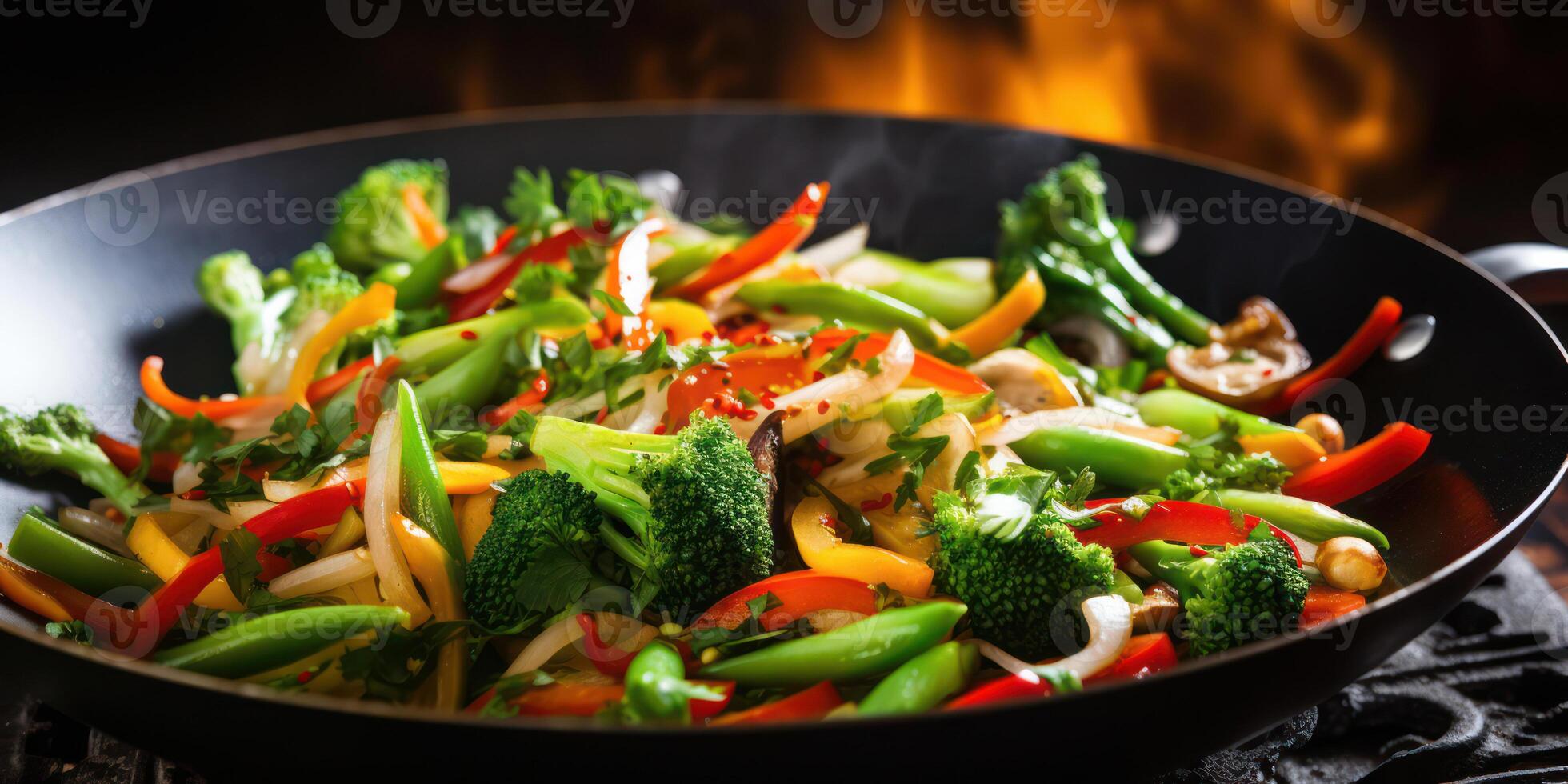Fresh and Tasty Stir Fry. Broccoli, Vegetables, and Mushroom Pan Dish photo