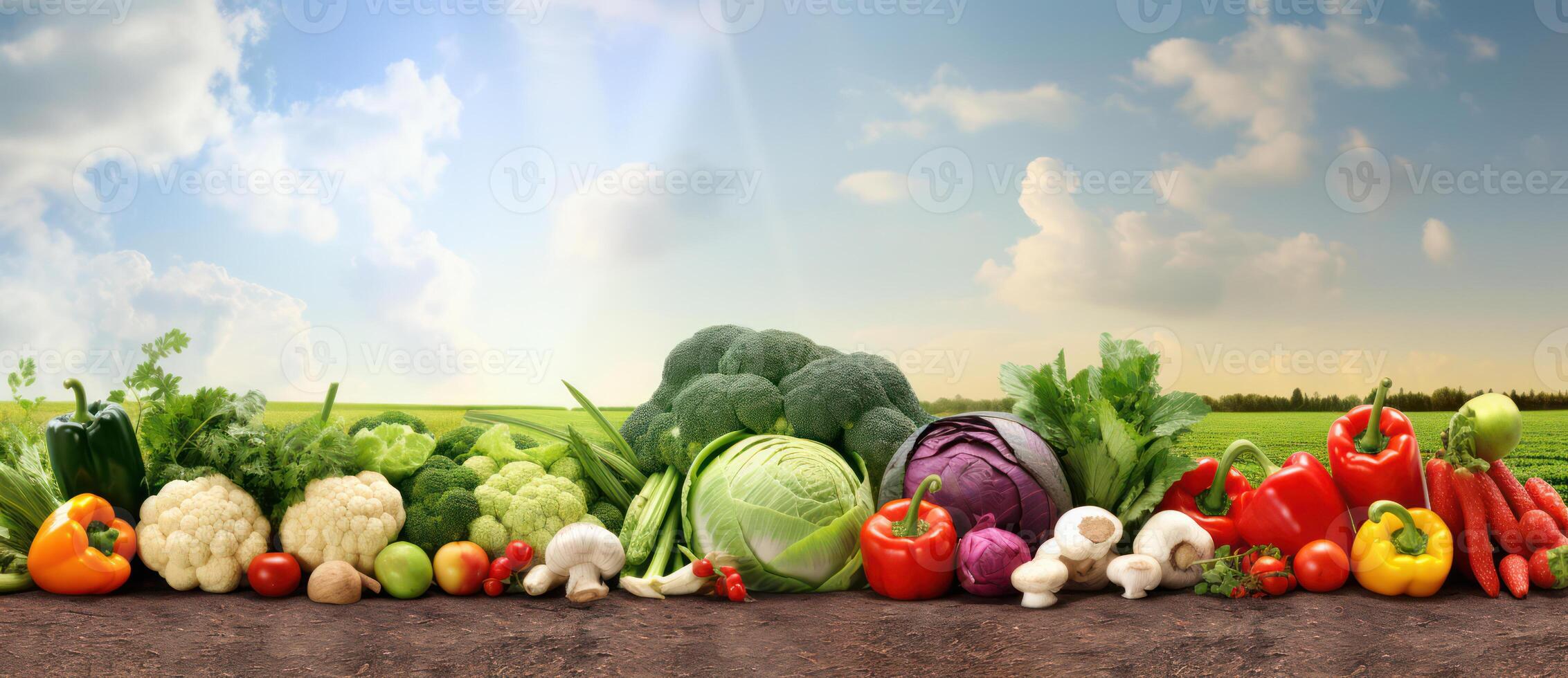 Fresh, Healthy Vegetables. Abundance of Nature's Harvest on Wooden Background photo