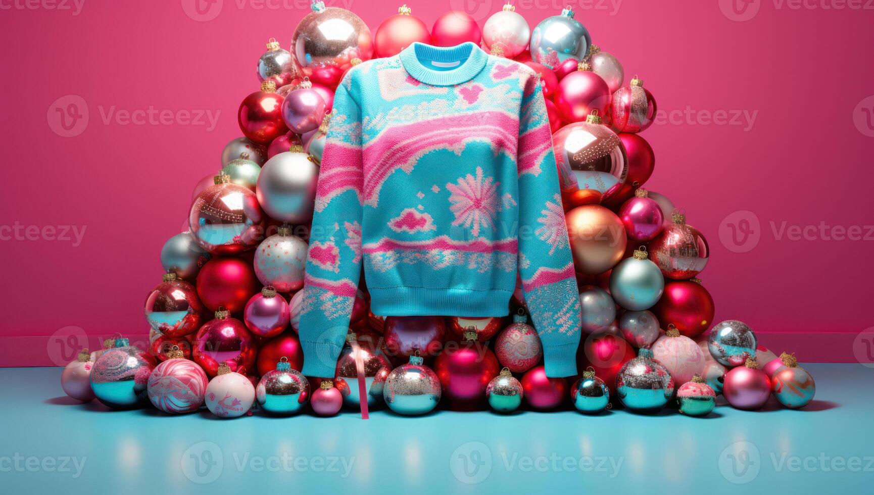 Merry Christmas. Festive Red Sweater on Cozy Winter Background, with Snowy Tree and photo